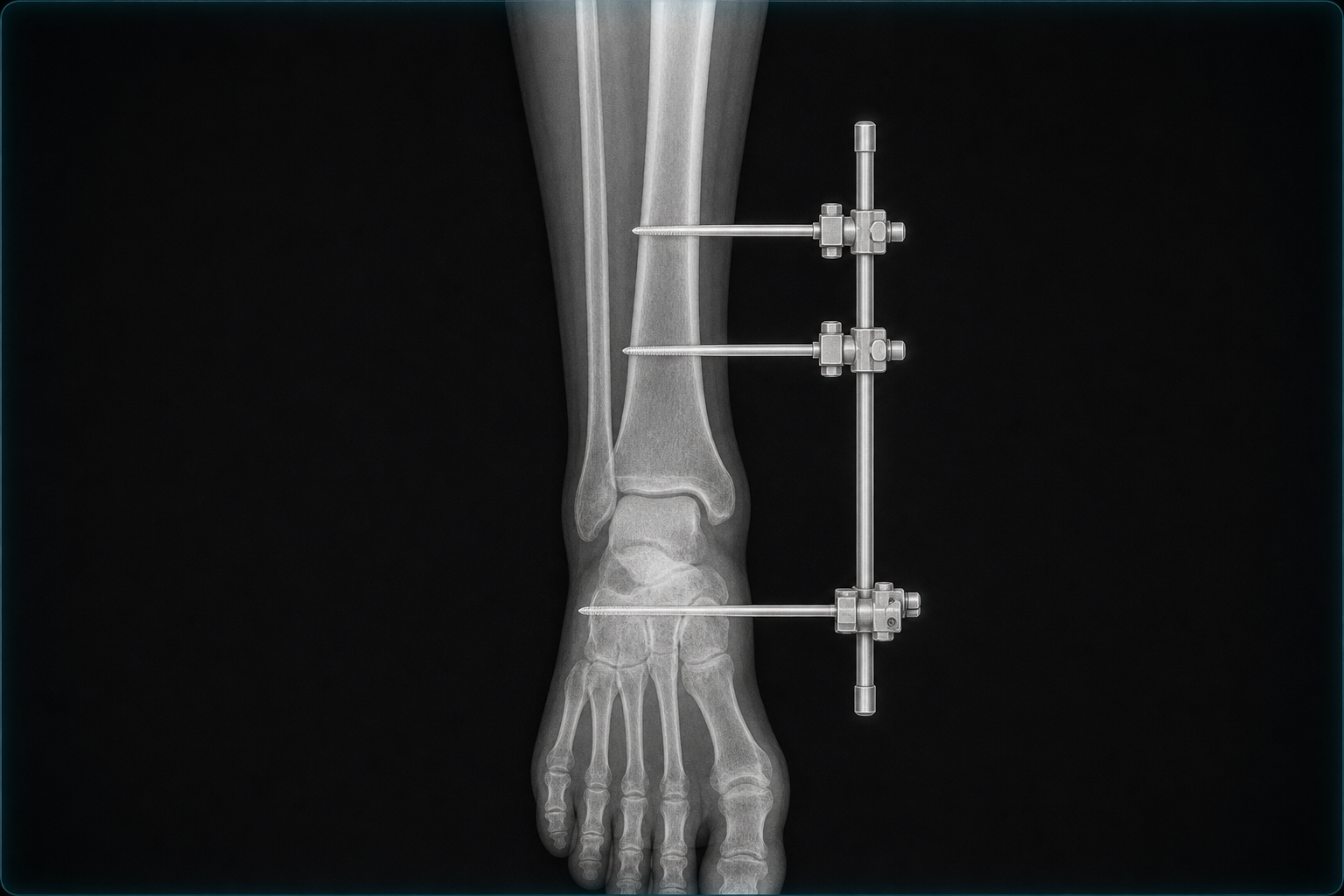 Synthetic radiograph-style illustration of an ankle-spanning external fixation construct